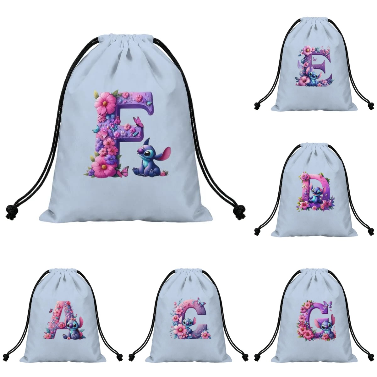 Outdoor Planting Bag - Cartoon Stich A-Z Alfabet Bloemenprint Trekkoordtas